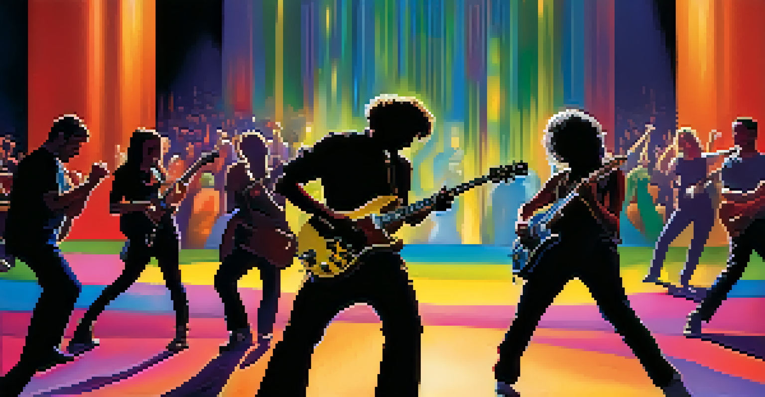 A guitarist performing on stage with colorful lights, while an engaged audience watches in silhouette, capturing the essence of musical rhythm.