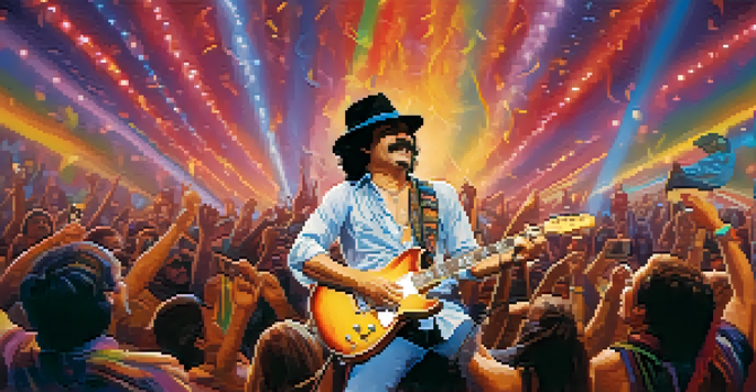 Carlos Santana performing on stage with colorful lights and an enthusiastic crowd, showcasing the energy of Latin rock music.