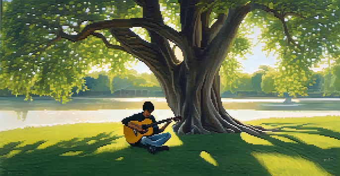 A young guitarist practicing under a tree with sunlight filtering through the branches, creating a serene outdoor atmosphere.