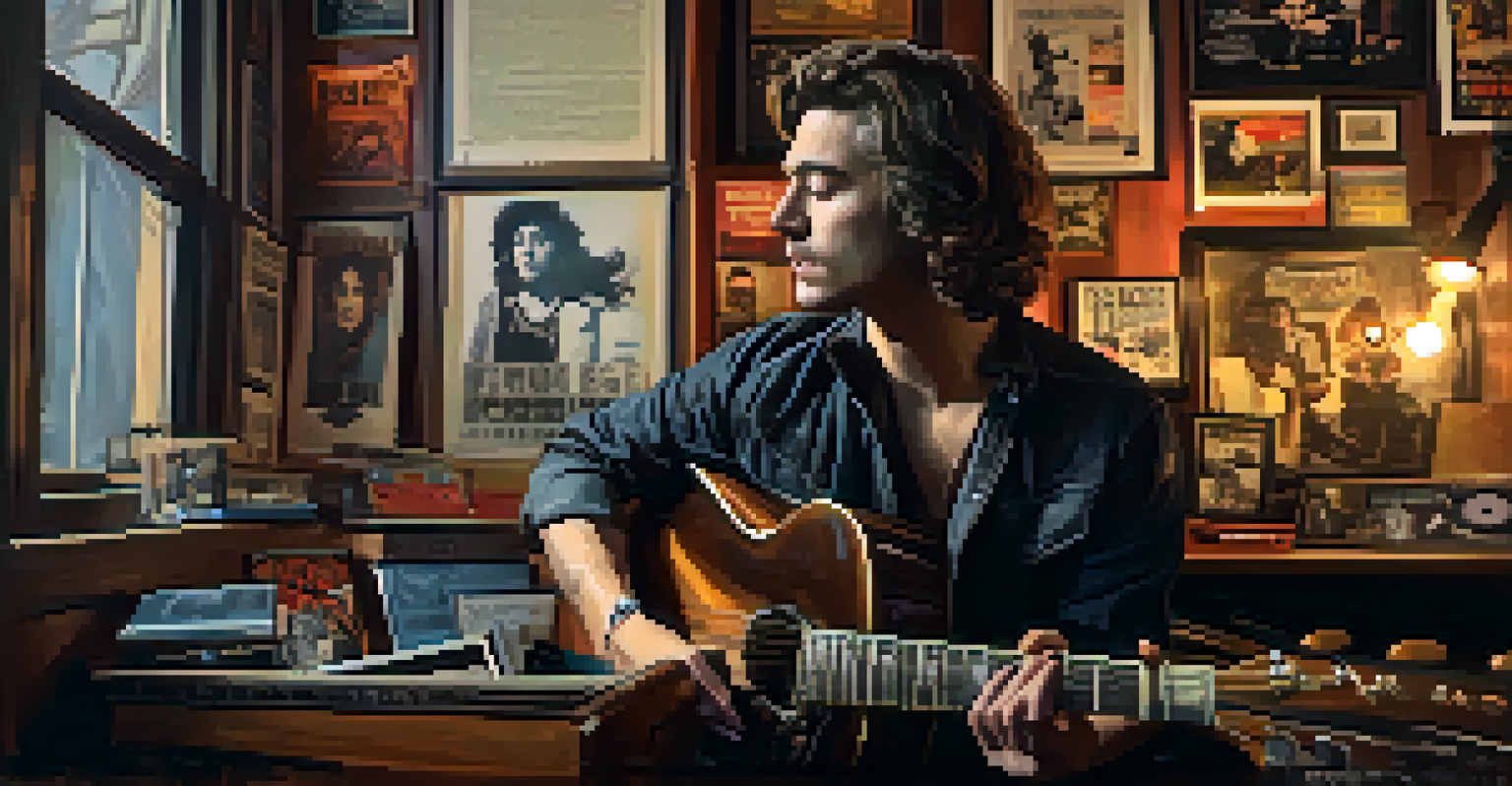 A vintage portrait of a guitarist playing an acoustic guitar in a dimly lit room filled with rock music memorabilia.