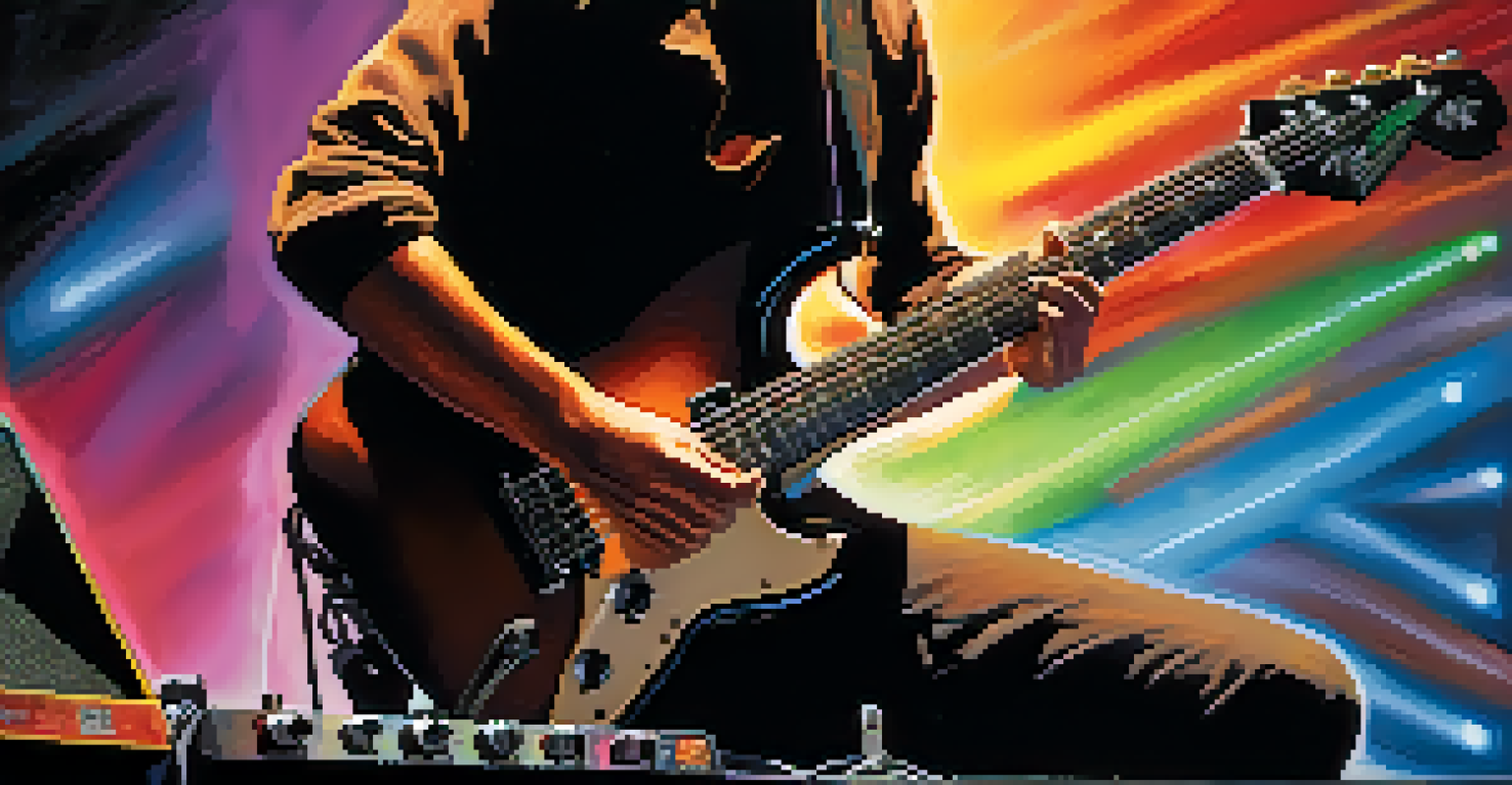 A guitarist passionately playing on stage, with their pedalboard in the foreground, illuminated by colorful stage lights.