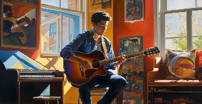 A guitarist plays an acoustic guitar in a cozy room filled with musical instruments and colorful posters, bathed in warm sunlight.