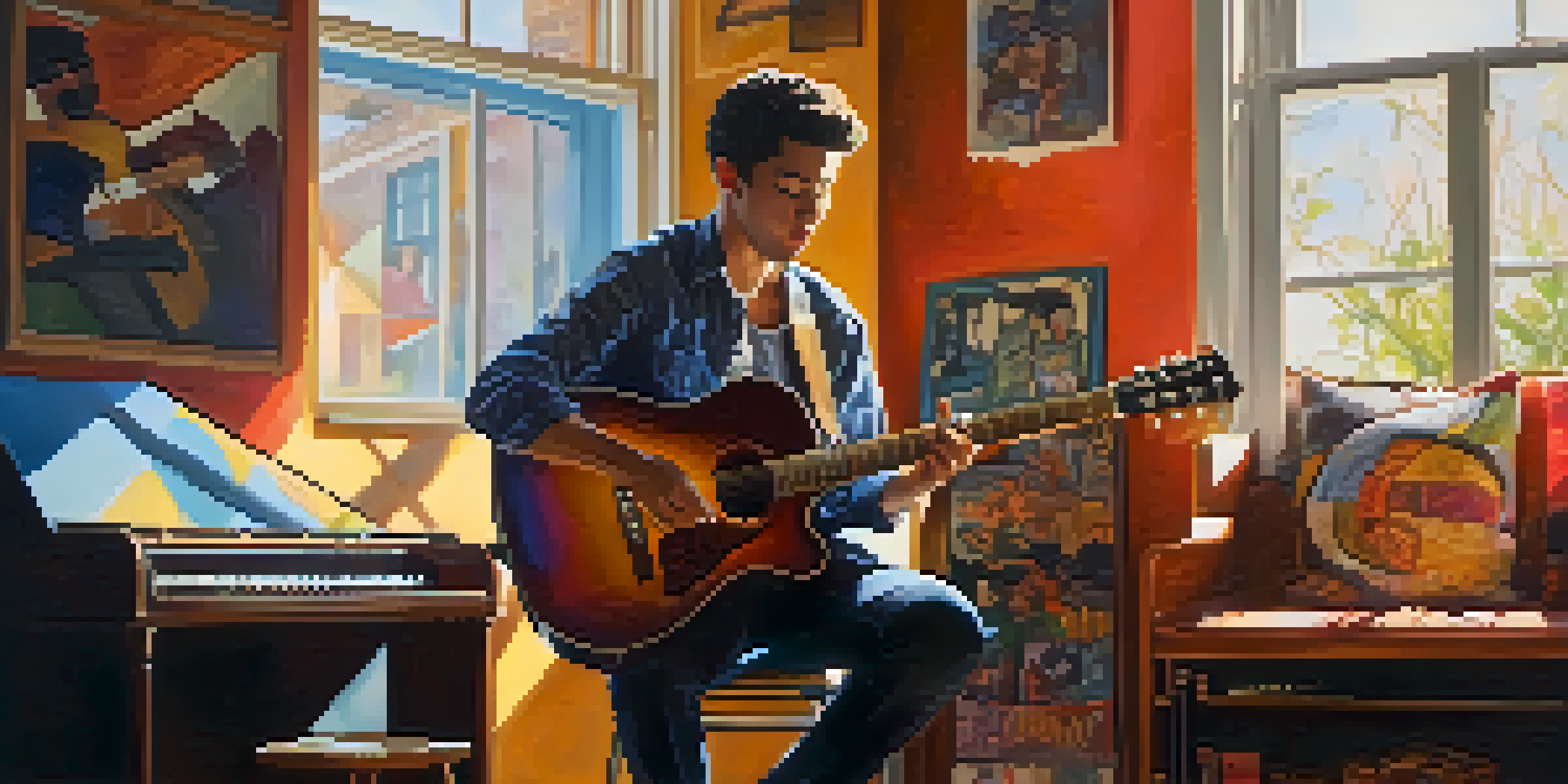 A guitarist plays an acoustic guitar in a cozy room filled with musical instruments and colorful posters, bathed in warm sunlight.