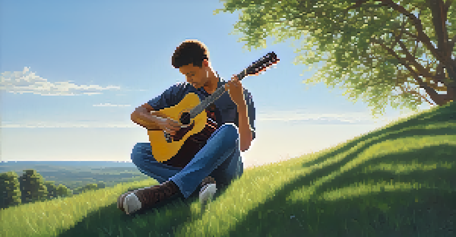 A guitarist sitting on a hill, playing under a blue sky with green grass around, depicting peace and creativity.