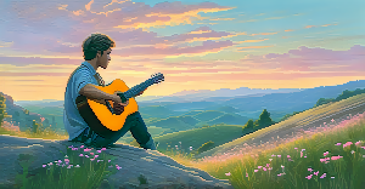 A songwriter on a hilltop during sunset, holding a guitar and notebook, surrounded by wildflowers.