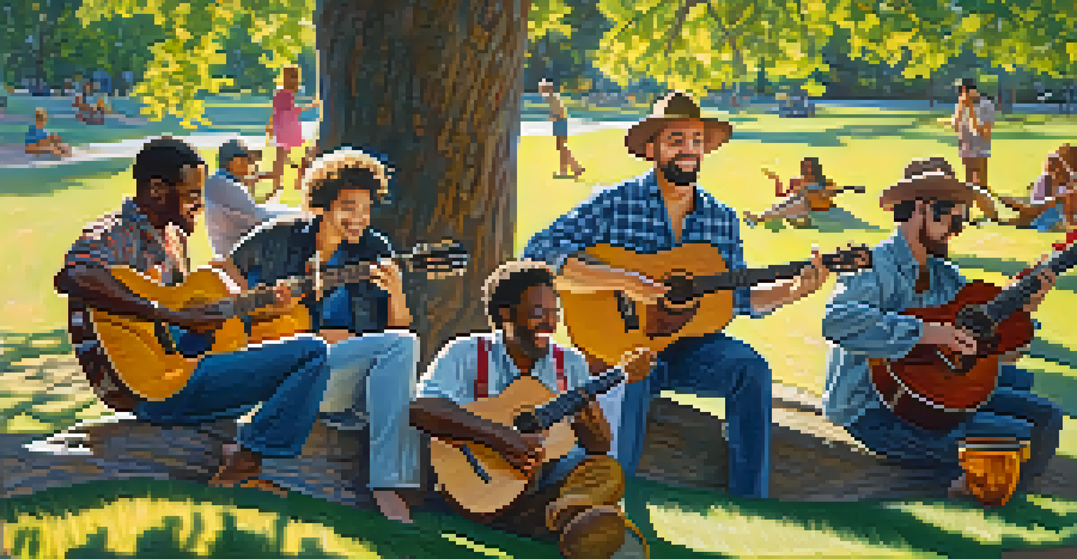 A group of diverse musicians playing guitars together in a park, surrounded by sunlight filtering through trees, showcasing joy and connection.