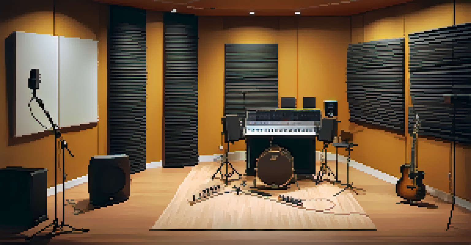 A modern recording space featuring acoustic treatment with bass traps, sound-absorbing panels, and a microphone in front of an acoustic guitar.