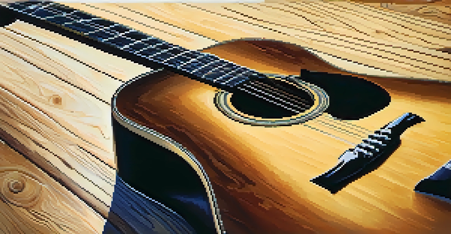 A close-up of a vintage acoustic guitar against a rustic wooden wall, illuminated by soft natural light with scattered sheet music pages on the floor.