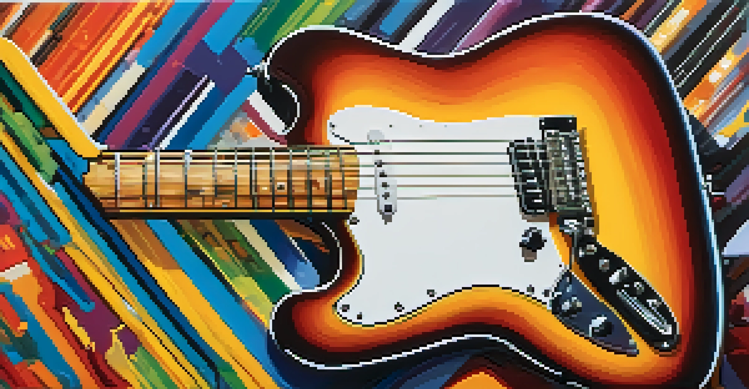 An electric guitar set against a colorful sound wave background, highlighting its sleek design and pickups.