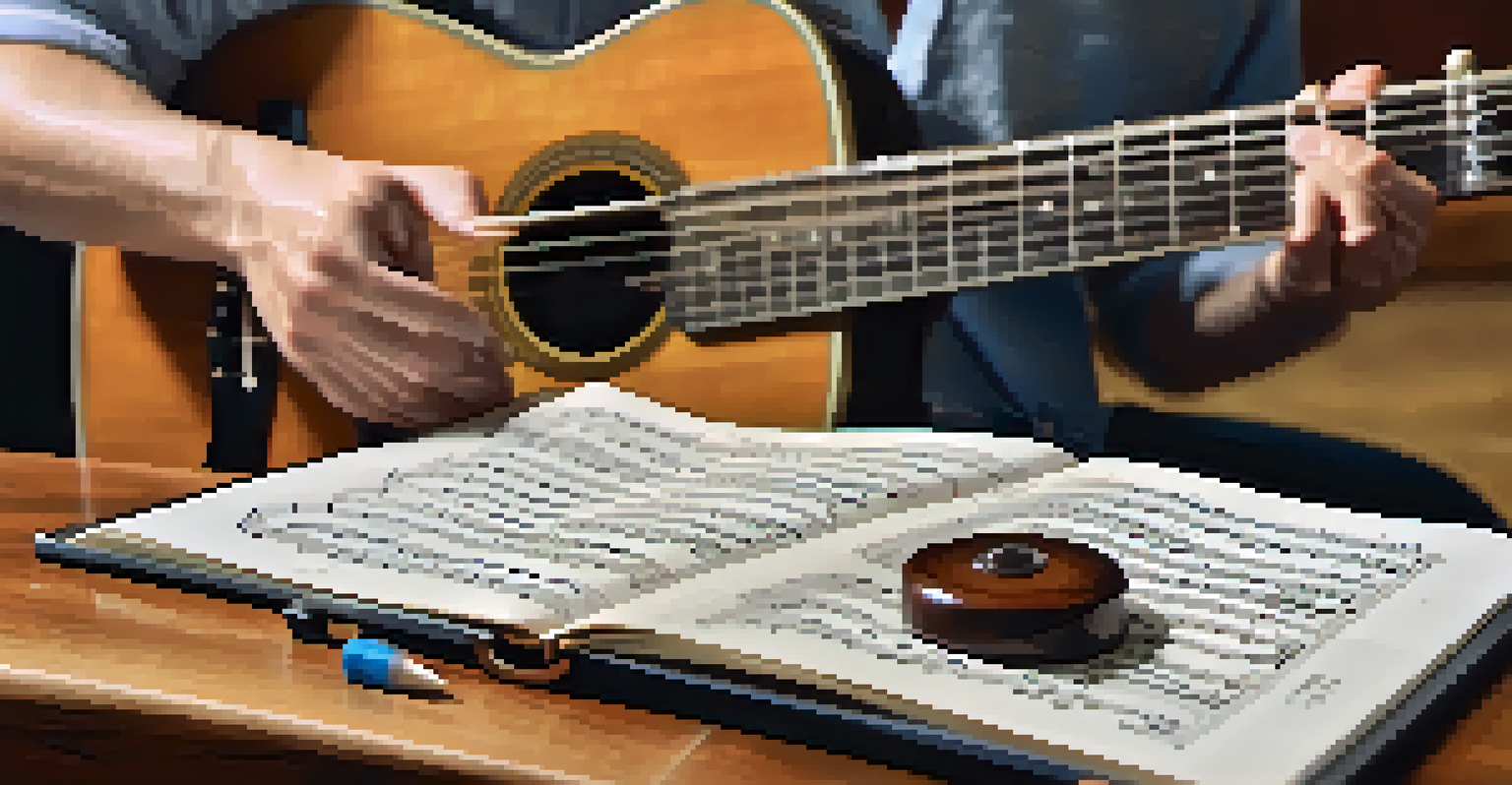 Close-up of a teacher's hands playing a guitar, with sheet music and a metronome nearby.