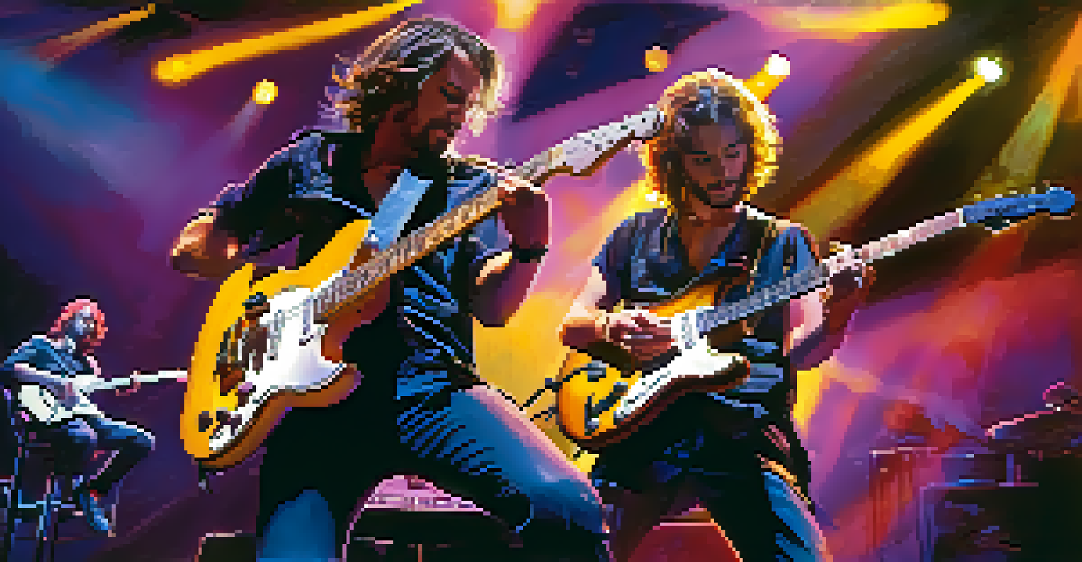 A guitarist performing on stage, using alternate picking technique, with a colorful light show and an engaged audience.