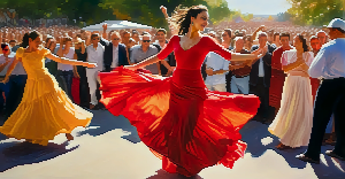 A Flamenco dancer in a red dress performing at a festival with a joyful crowd around her.
