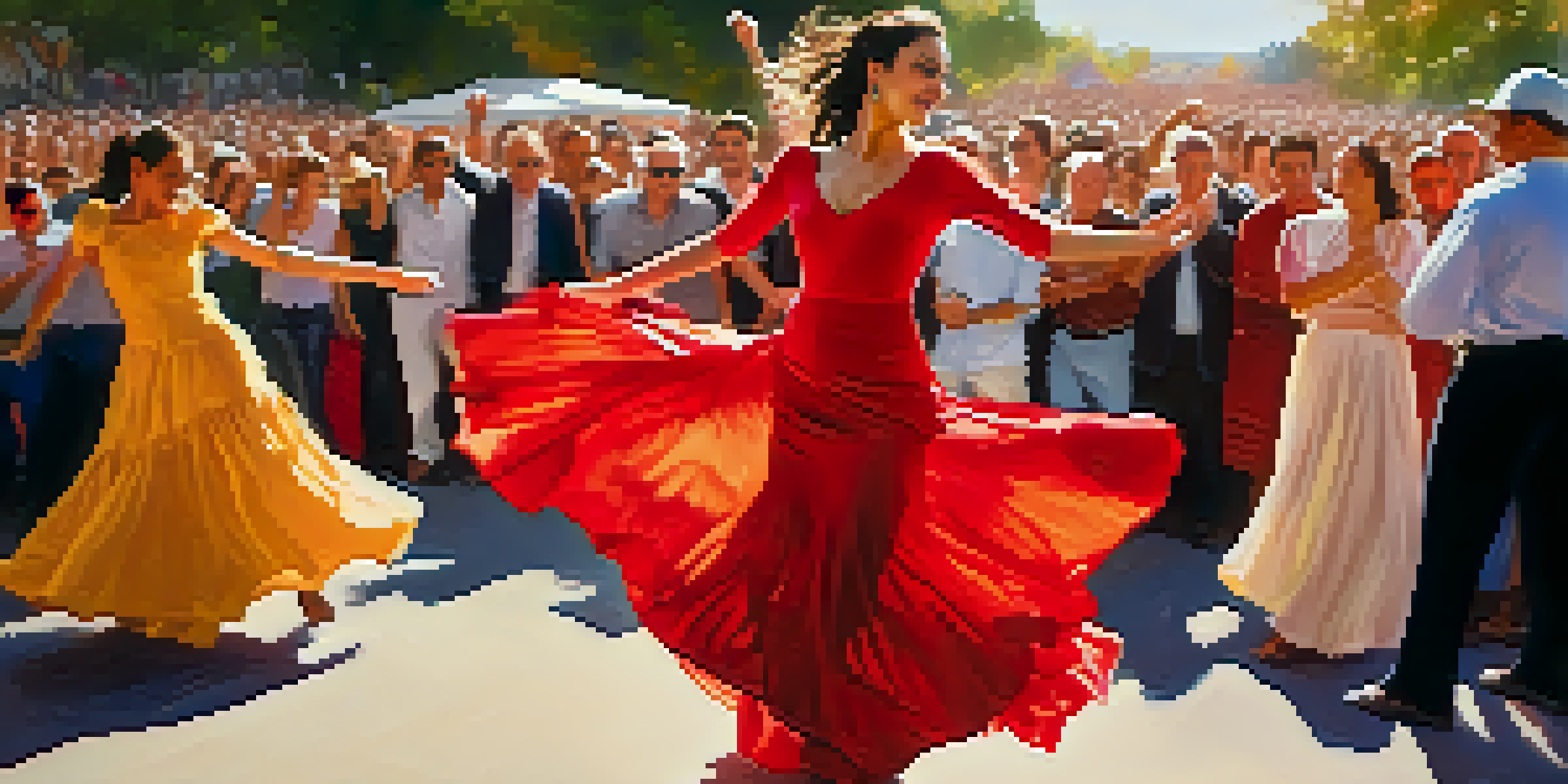 A Flamenco dancer in a red dress performing at a festival with a joyful crowd around her.