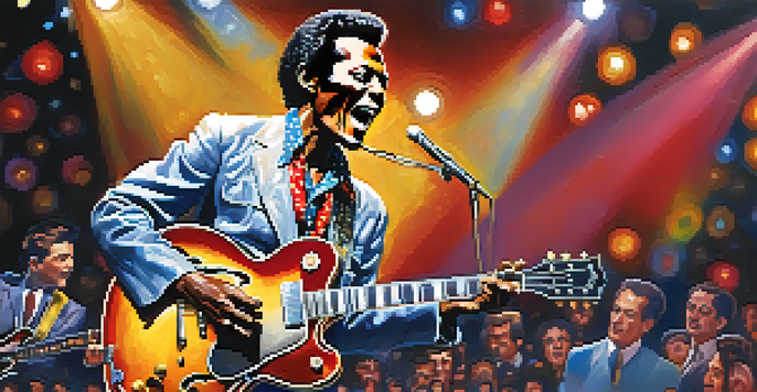 Chuck Berry performs energetically on stage with colorful lights, surrounded by an enthusiastic audience in a retro setting.