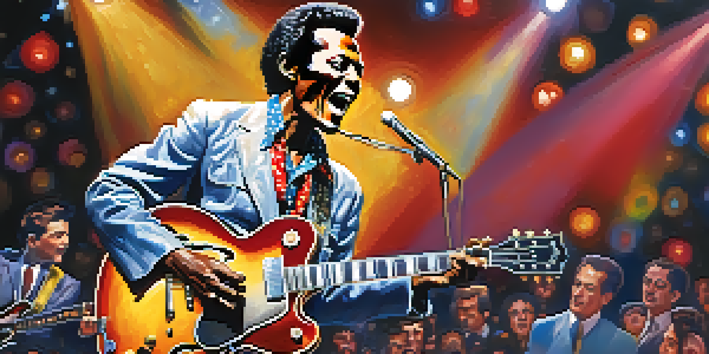 Chuck Berry performs energetically on stage with colorful lights, surrounded by an enthusiastic audience in a retro setting.