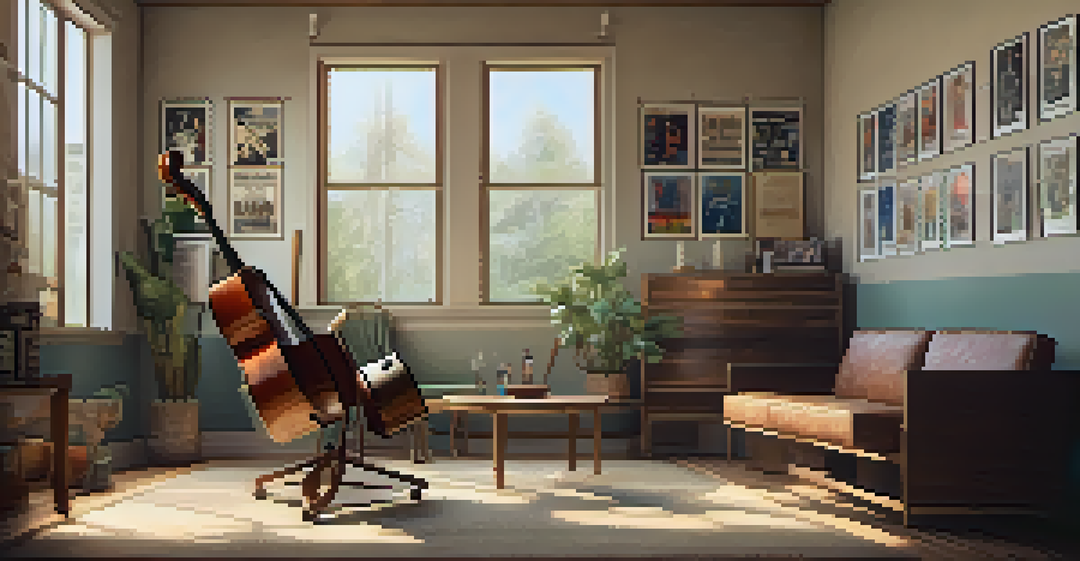 A guitarist stretching their fingers in a cozy practice space filled with natural light.