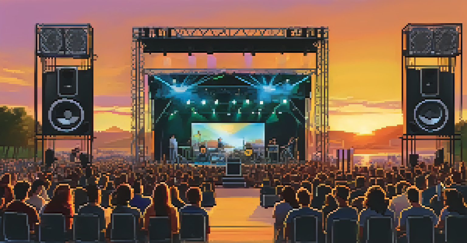 An outdoor concert with a PA system and speakers, vibrant audience, and a sunset backdrop.