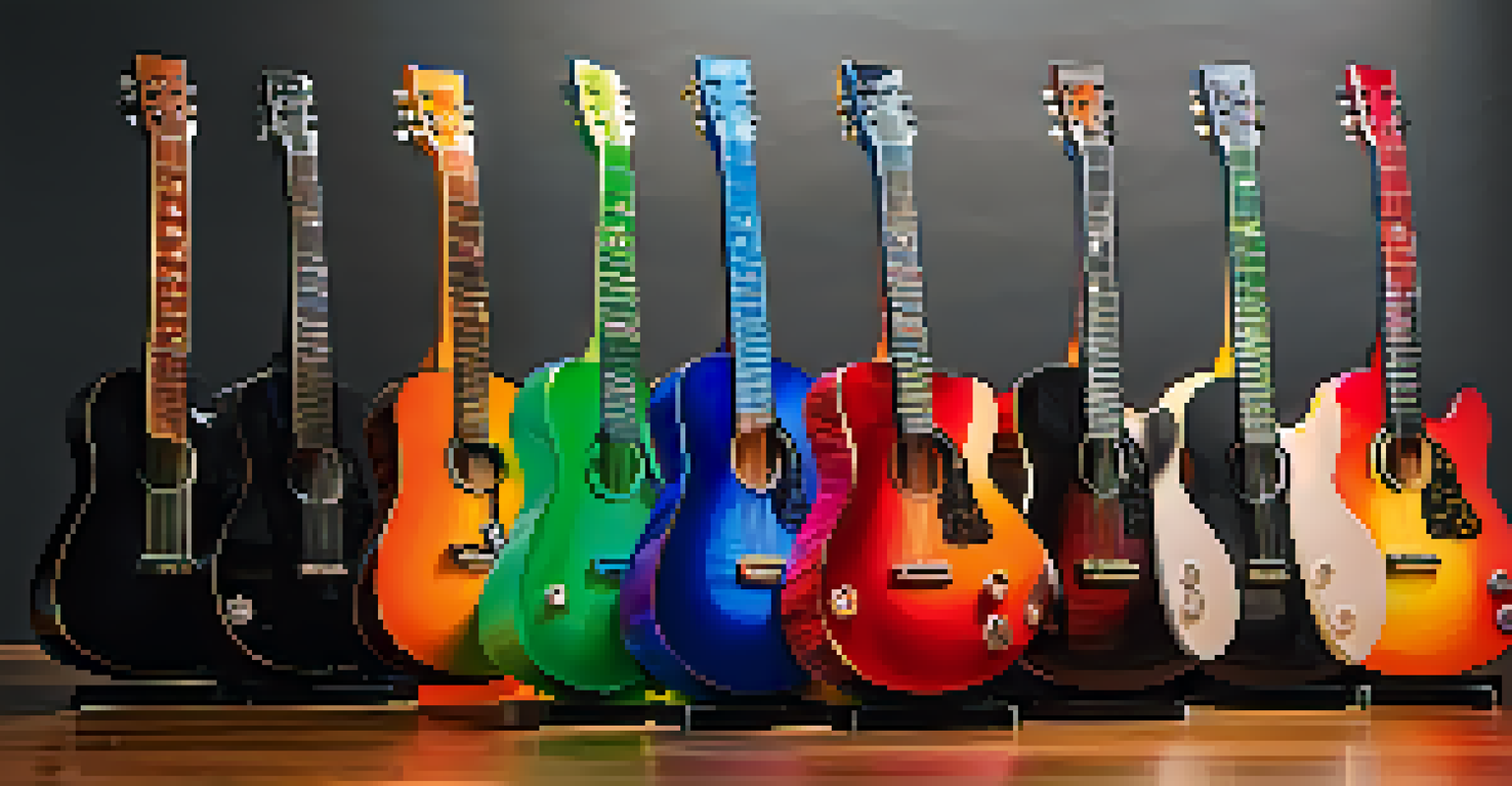 A variety of colorful 3D printed guitars arranged on a table.