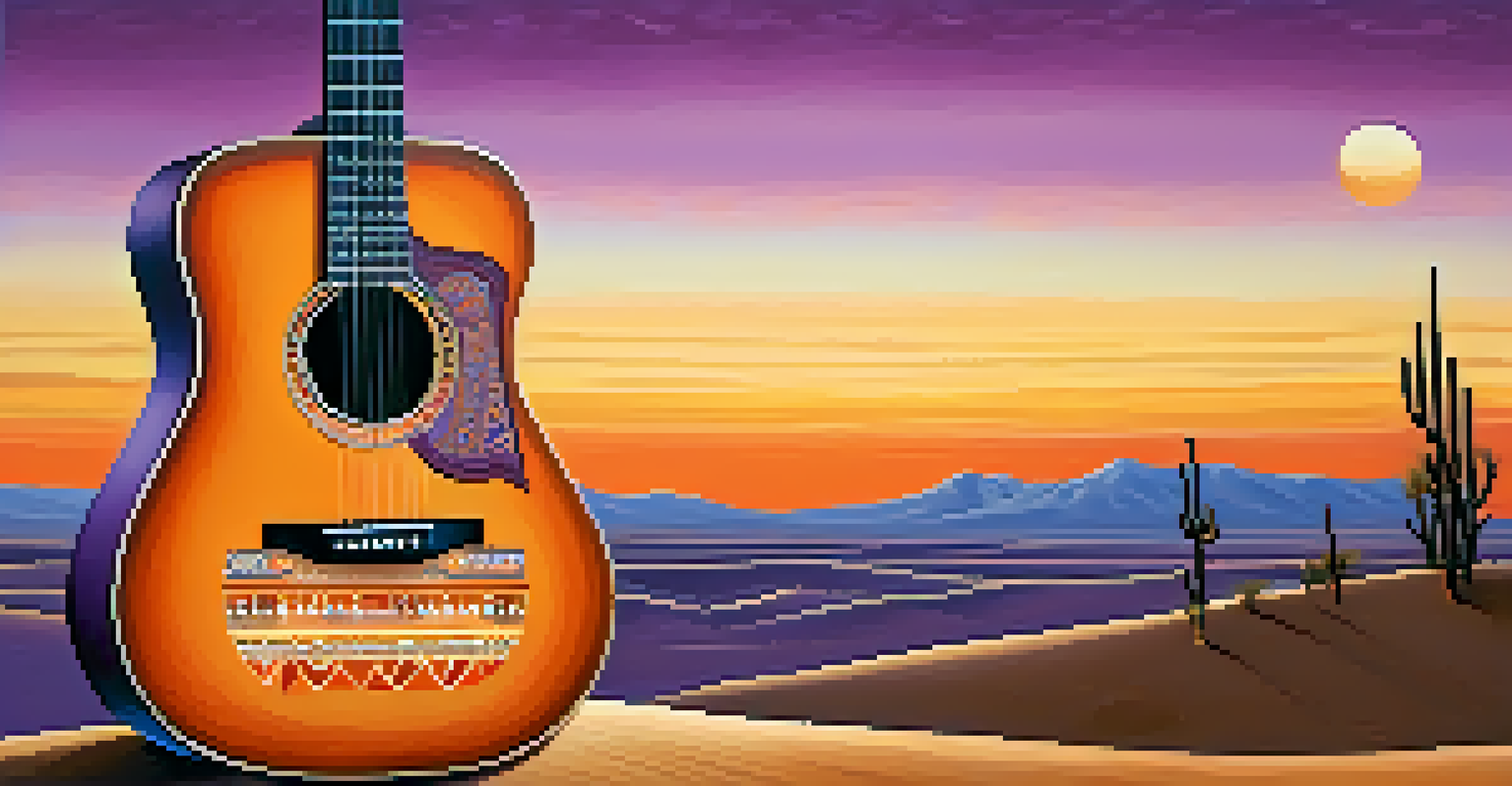 A guitar decorated with Middle Eastern patterns against a sunset backdrop over desert dunes, showcasing vibrant colors and intricate designs.