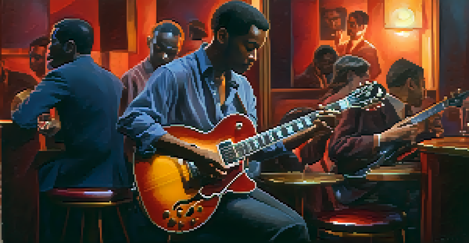 A musician performing with a hollow body guitar in a jazz club, surrounded by dim red lighting and an engaged audience.
