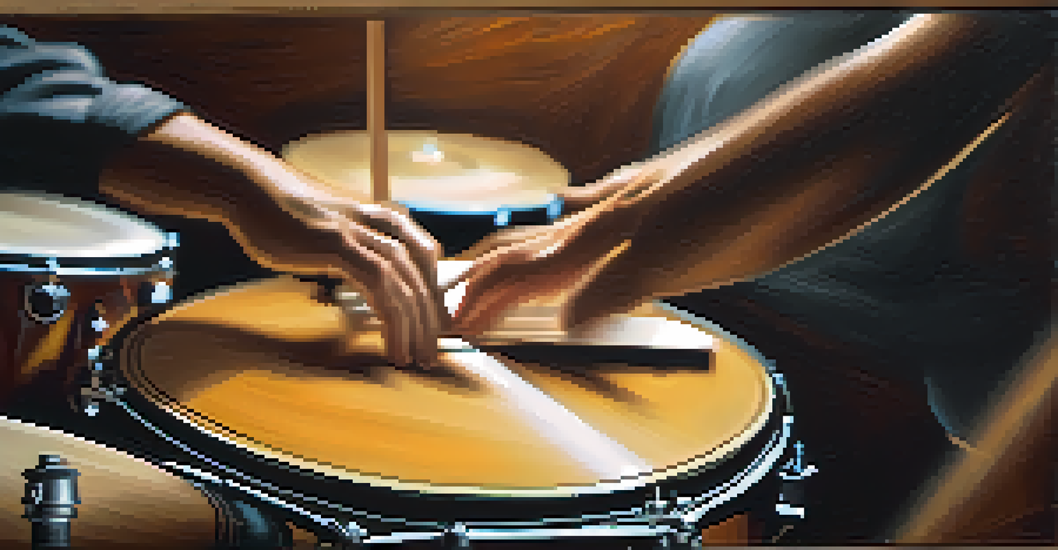 A close-up of a guitarist's hands playing a guitar, with a blurred drummer in the background, showcasing the beauty of musical collaboration.