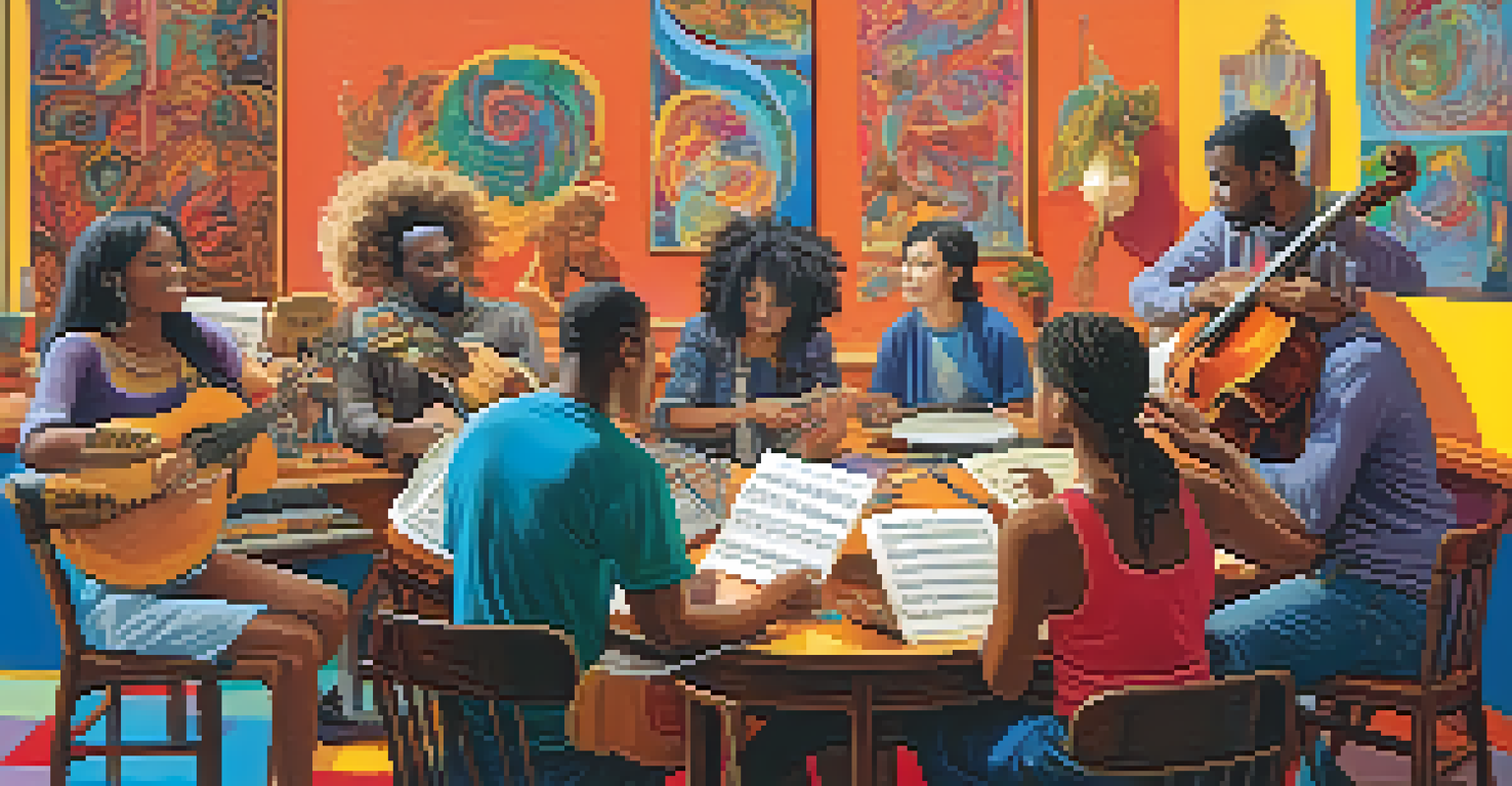 A diverse group of musicians collaborating and sharing ideas in a bright, colorful room.