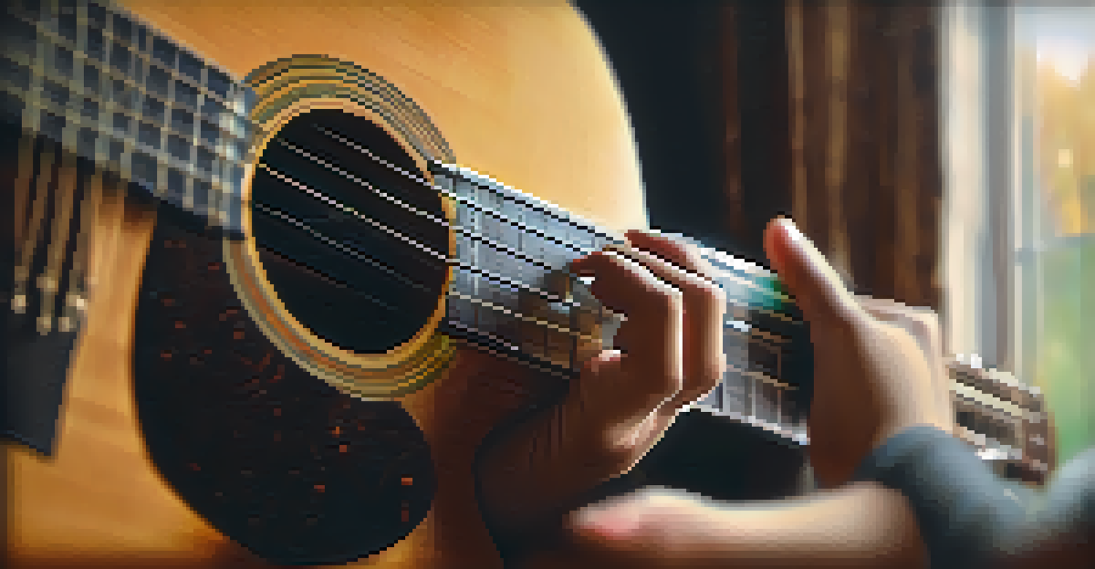 A close-up of a hand strumming an acoustic guitar, focusing on the strings and fingers in a cozy room.