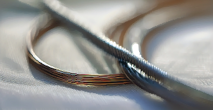 A close-up view of shiny guitar strings next to a soft cloth, with a blurred background.