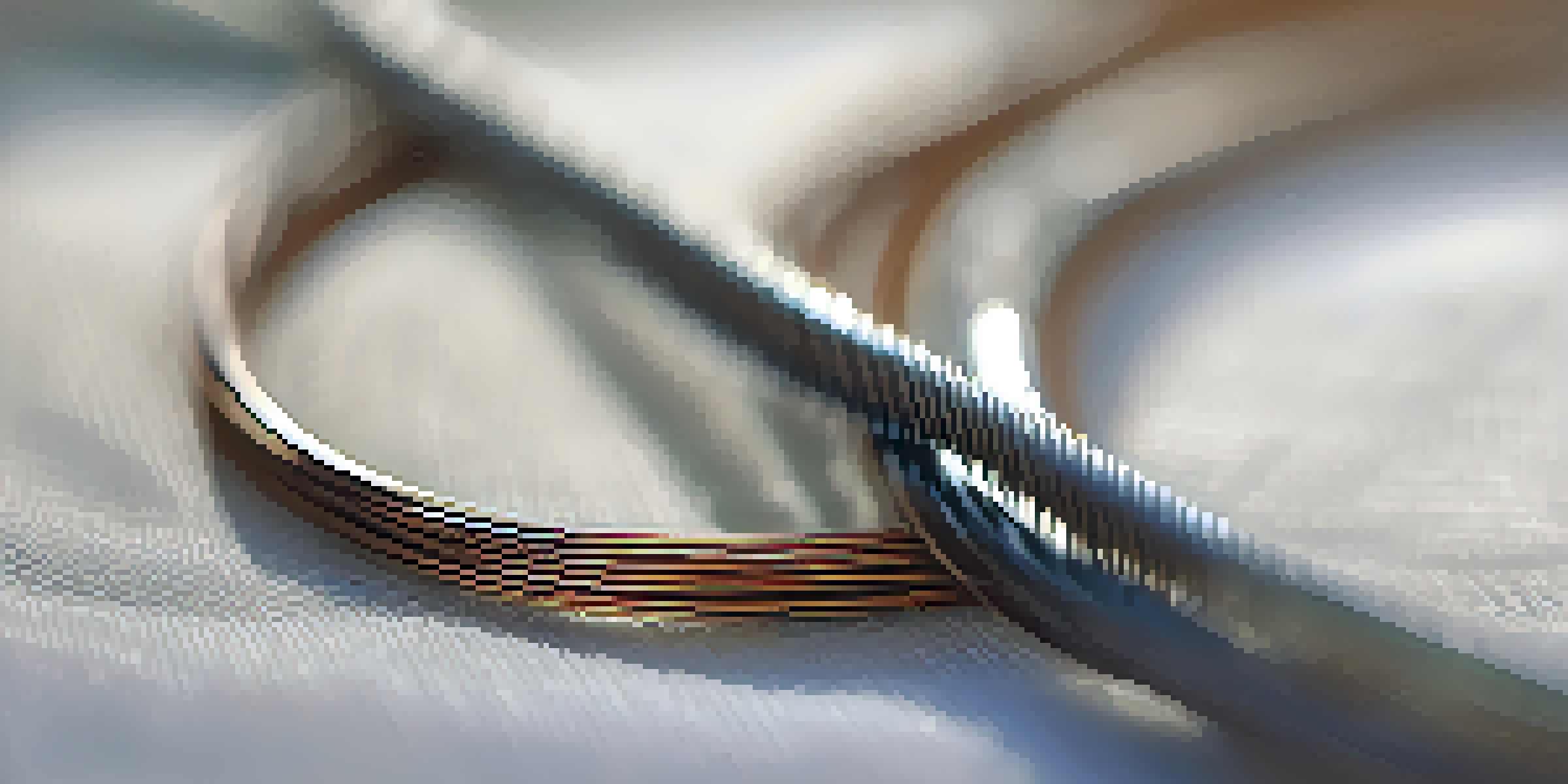 A close-up view of shiny guitar strings next to a soft cloth, with a blurred background.