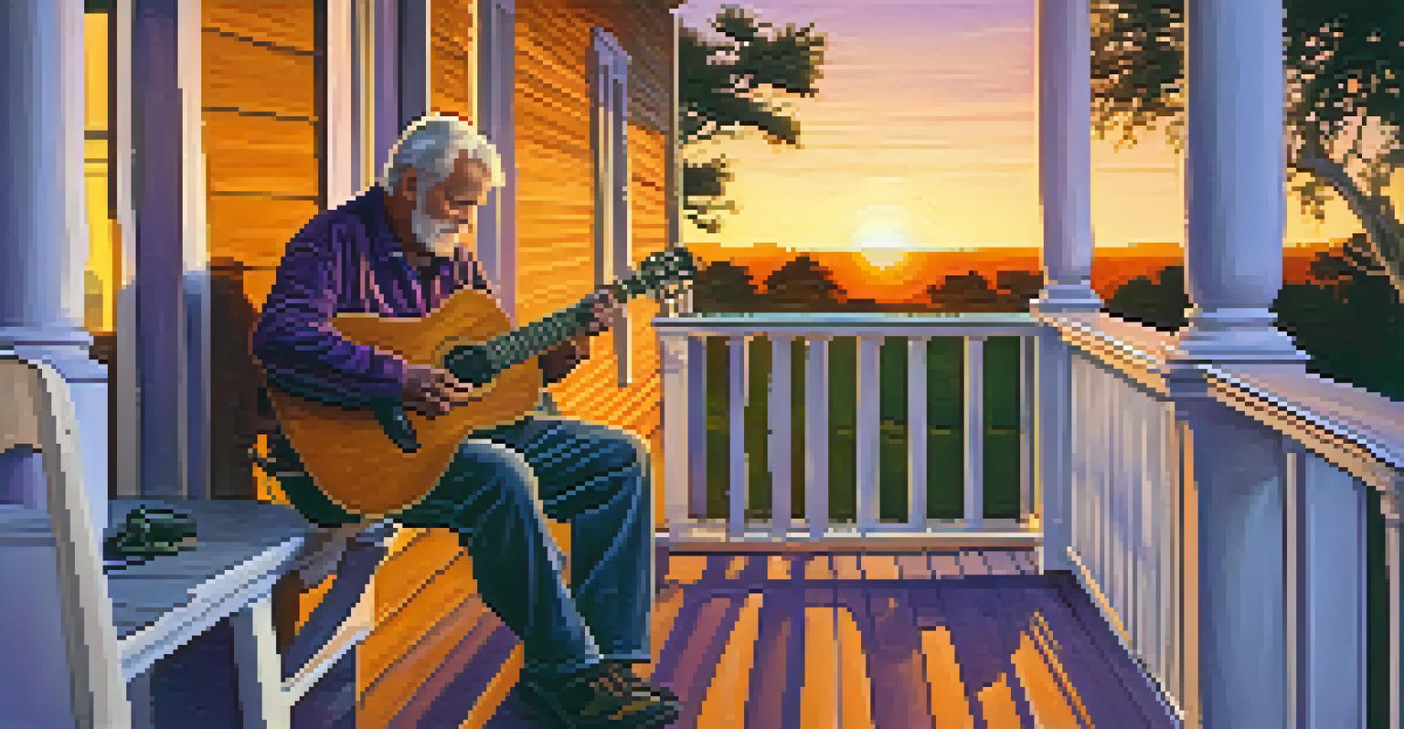 An older man playing guitar on a porch during sunset, with warm colors in the background.