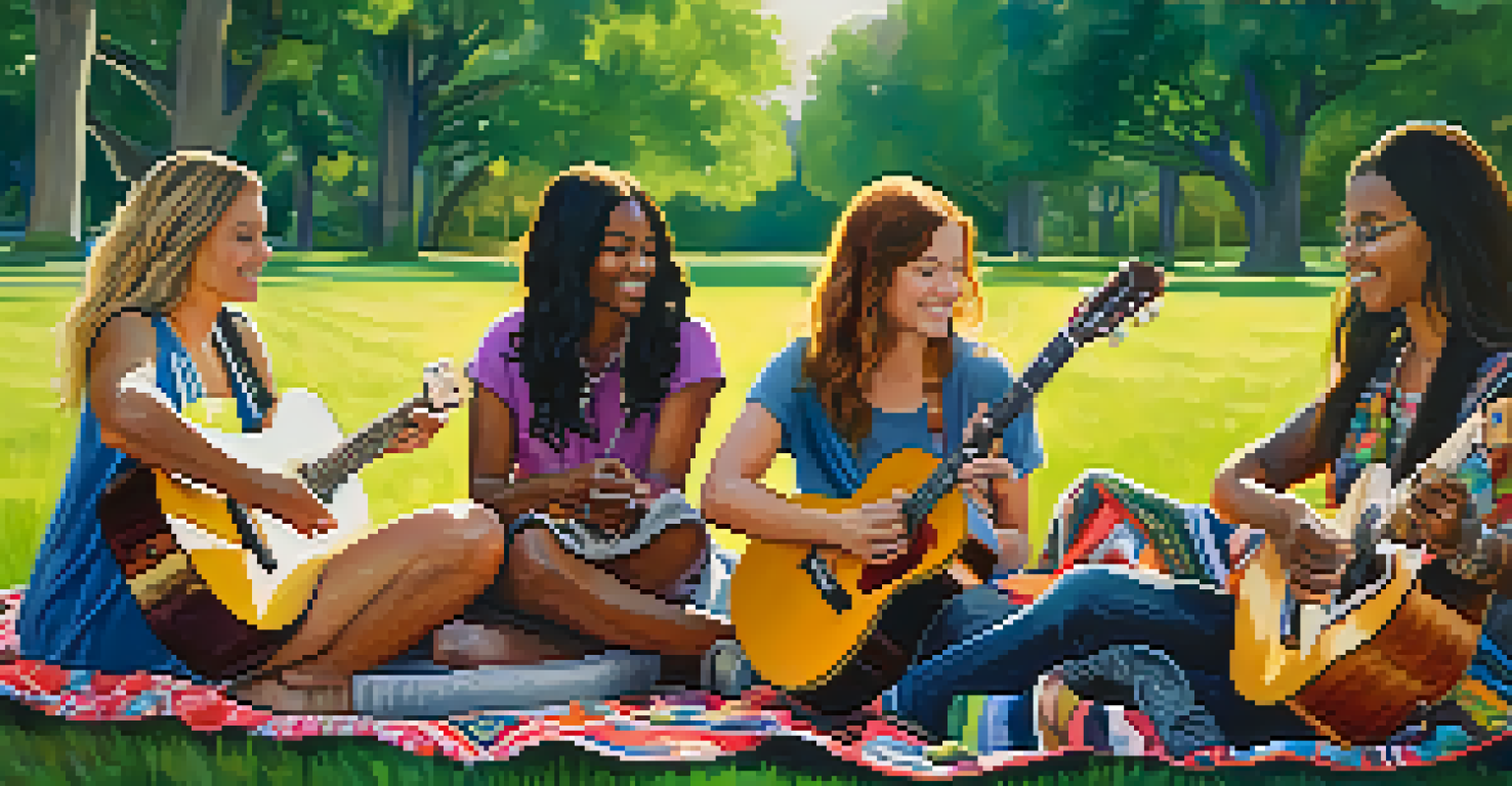 A group of diverse female guitarists playing music together in a sunny park, showcasing community and collaboration.