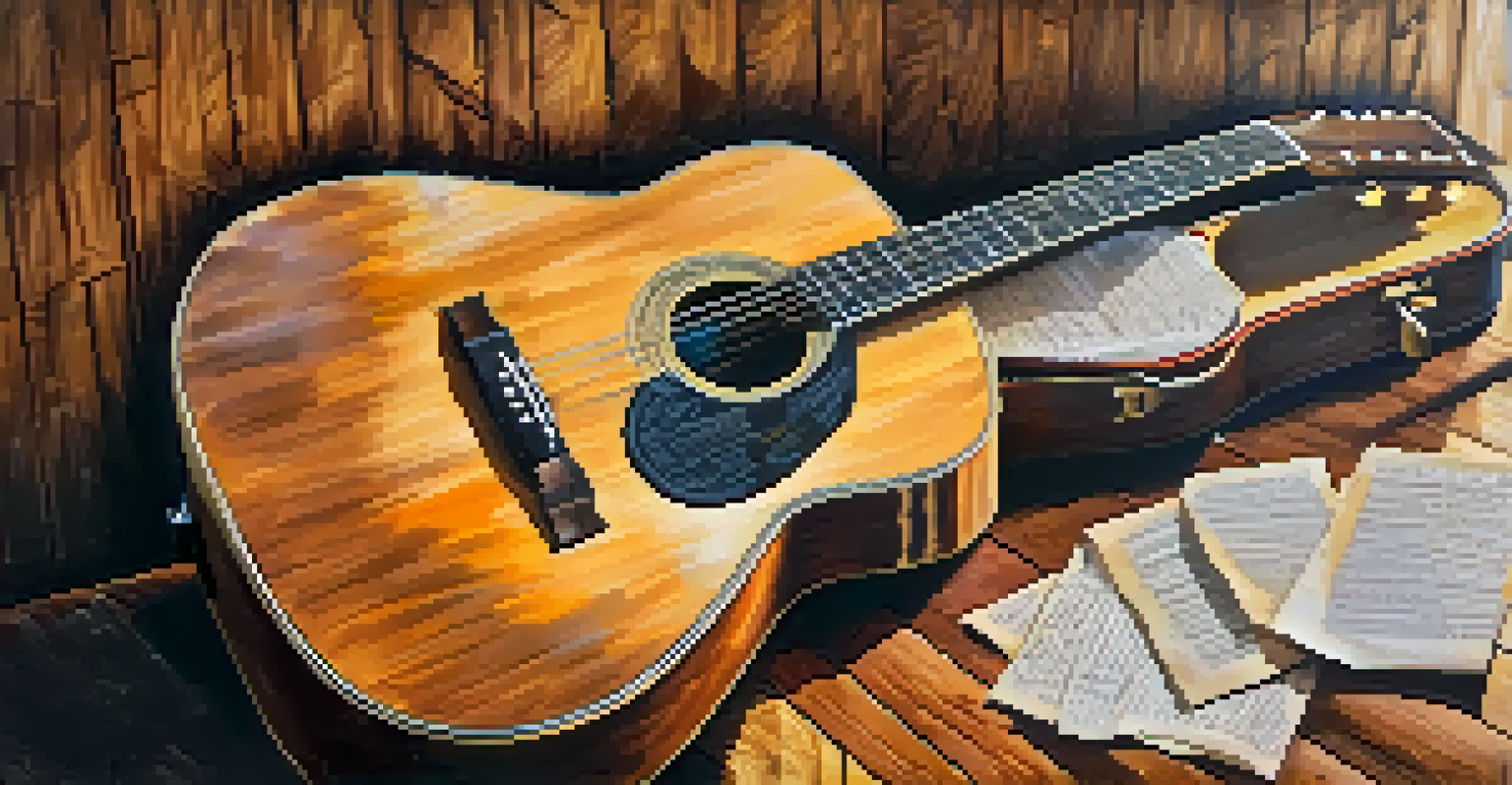 A close-up of an acoustic guitar on a stool, surrounded by handwritten protest song lyrics, illuminated by soft natural light.