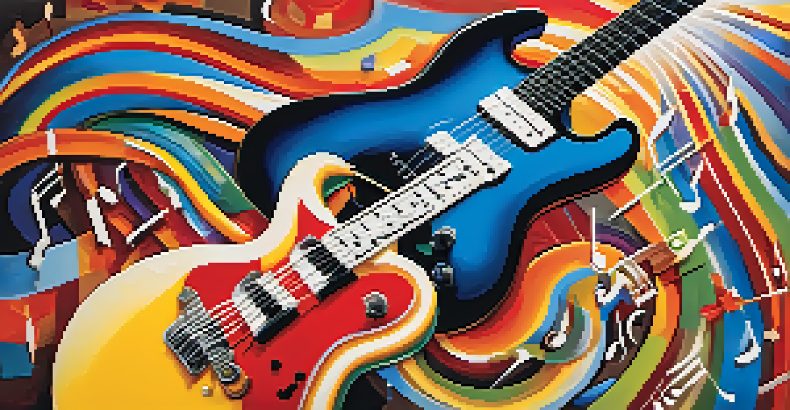 An electric guitar and a classical guitar side by side against a colorful background with swirling music notes, symbolizing the fusion of musical styles.