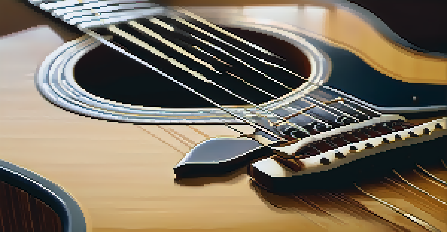 A close-up of a beautifully polished guitar on a wooden stage, illuminated by warm light, highlighting its details.