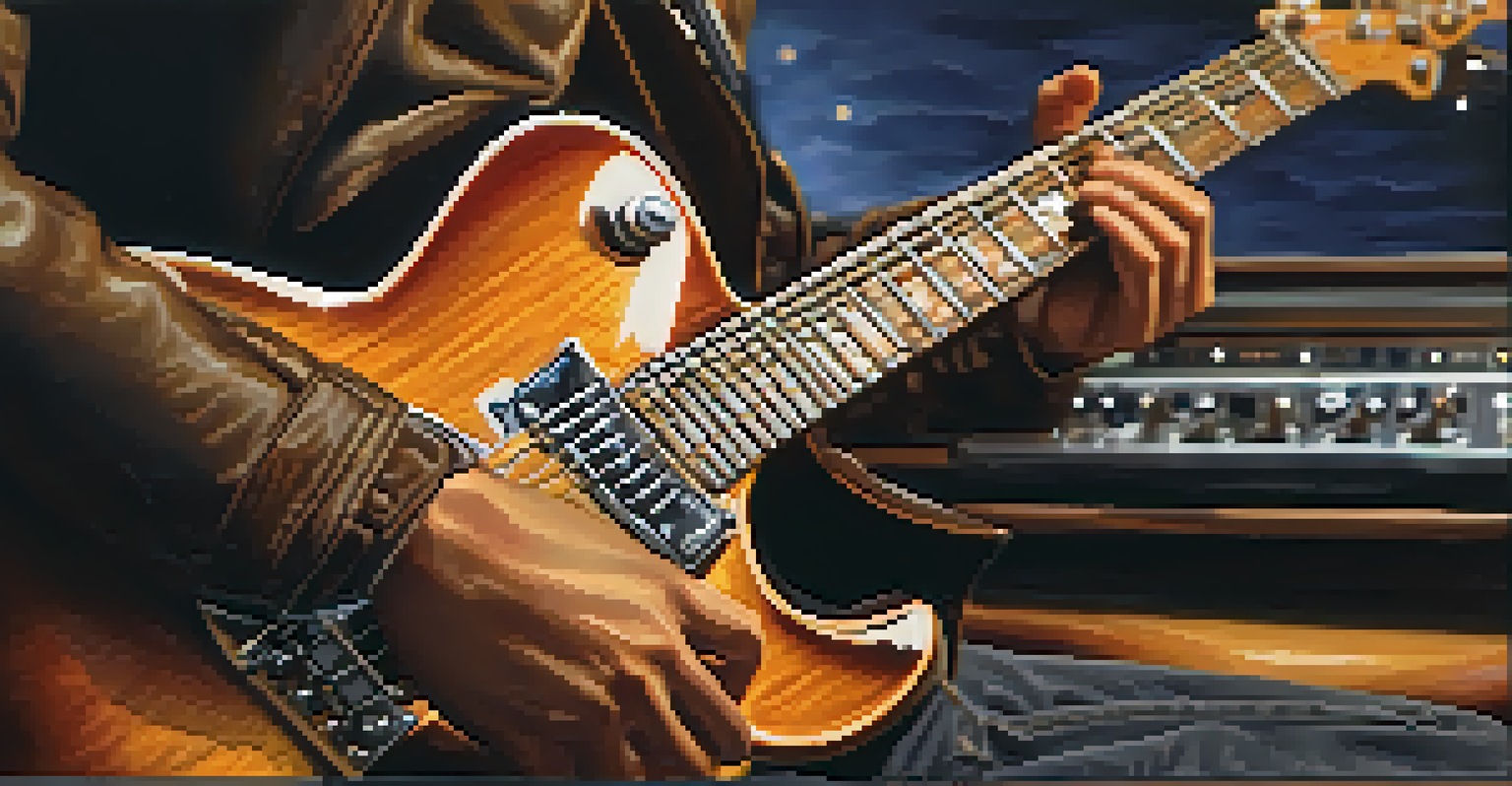 A close-up of a young guitarist's hands playing a vintage electric guitar in a music studio.