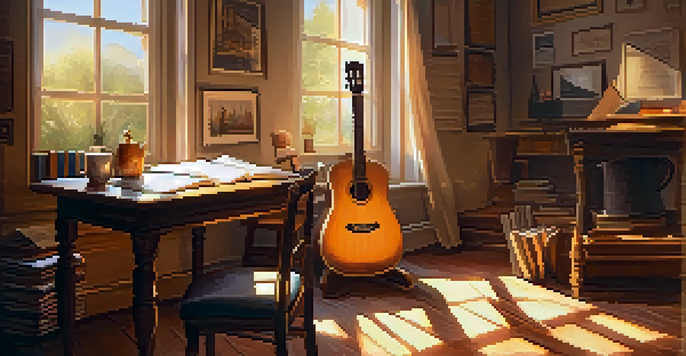 A cozy study room with a guitar, an open notebook of lyrics, and a cup of tea, illuminated by warm sunlight.