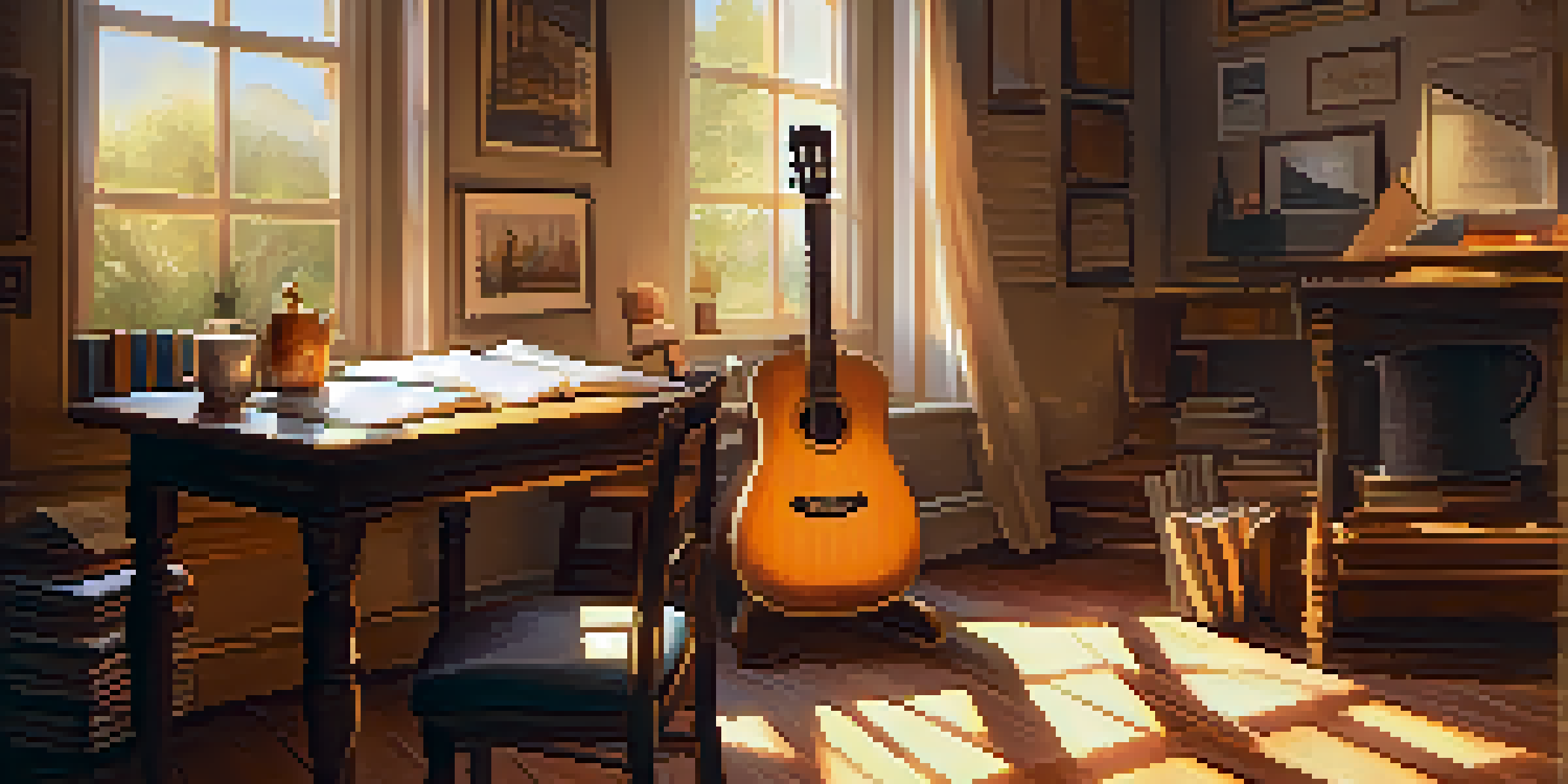 A cozy study room with a guitar, an open notebook of lyrics, and a cup of tea, illuminated by warm sunlight.