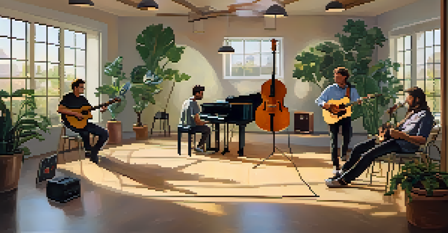 A spacious room set up for a jam session, with musicians in a circular seating arrangement and accessible music equipment.