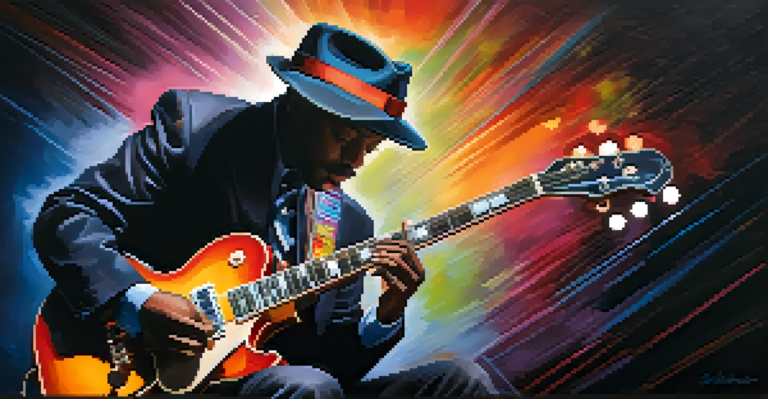A jazz guitarist playing passionately on stage under colorful lights, with swirling colors representing music notes around him.