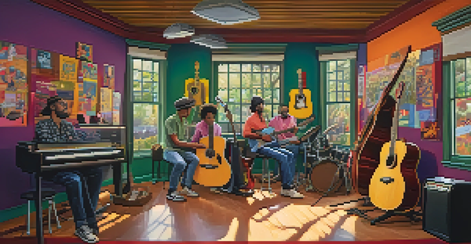 A lively music studio where diverse musicians are collaborating on a song, surrounded by guitars and colorful artwork.