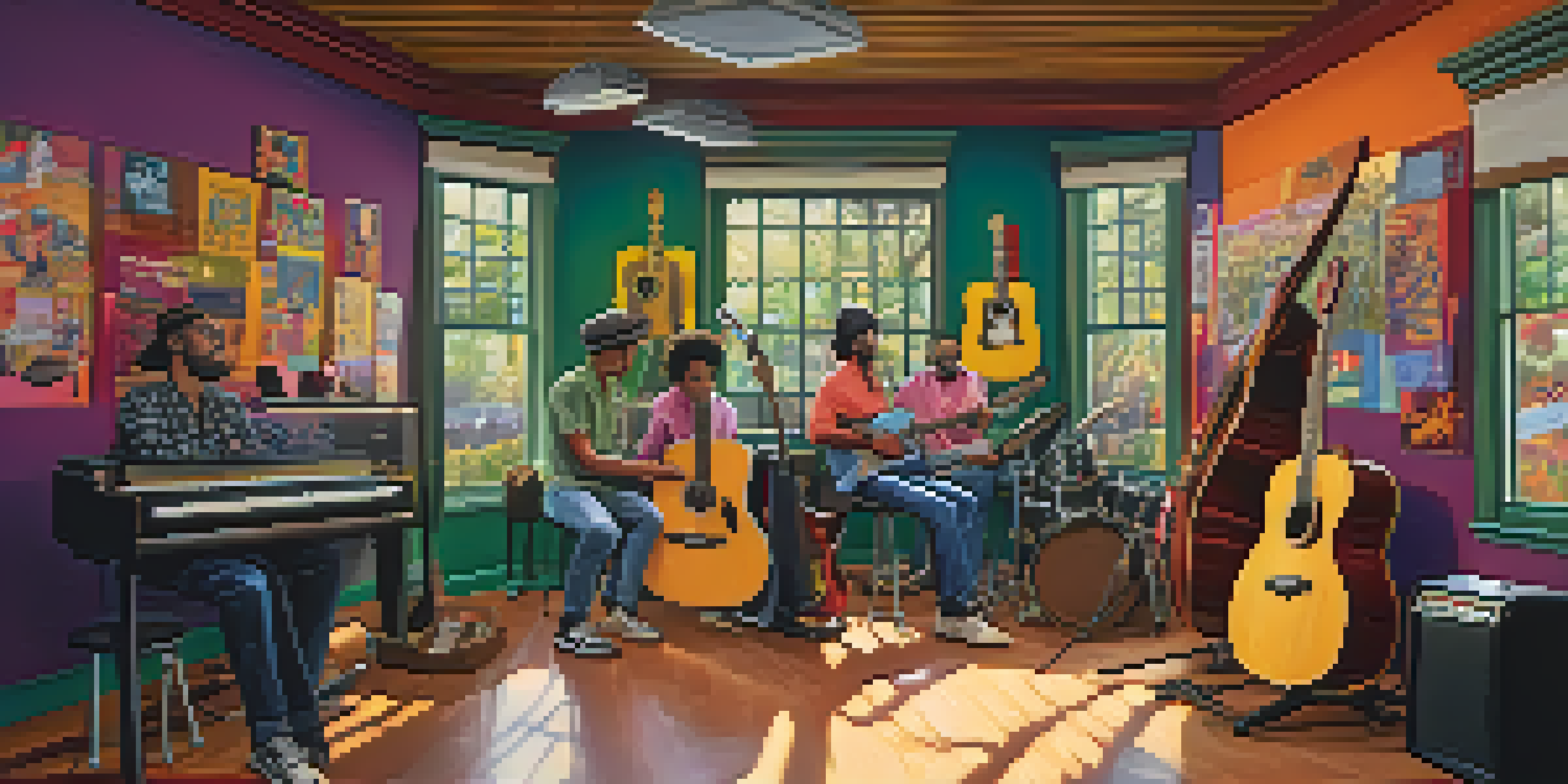 A lively music studio where diverse musicians are collaborating on a song, surrounded by guitars and colorful artwork.
