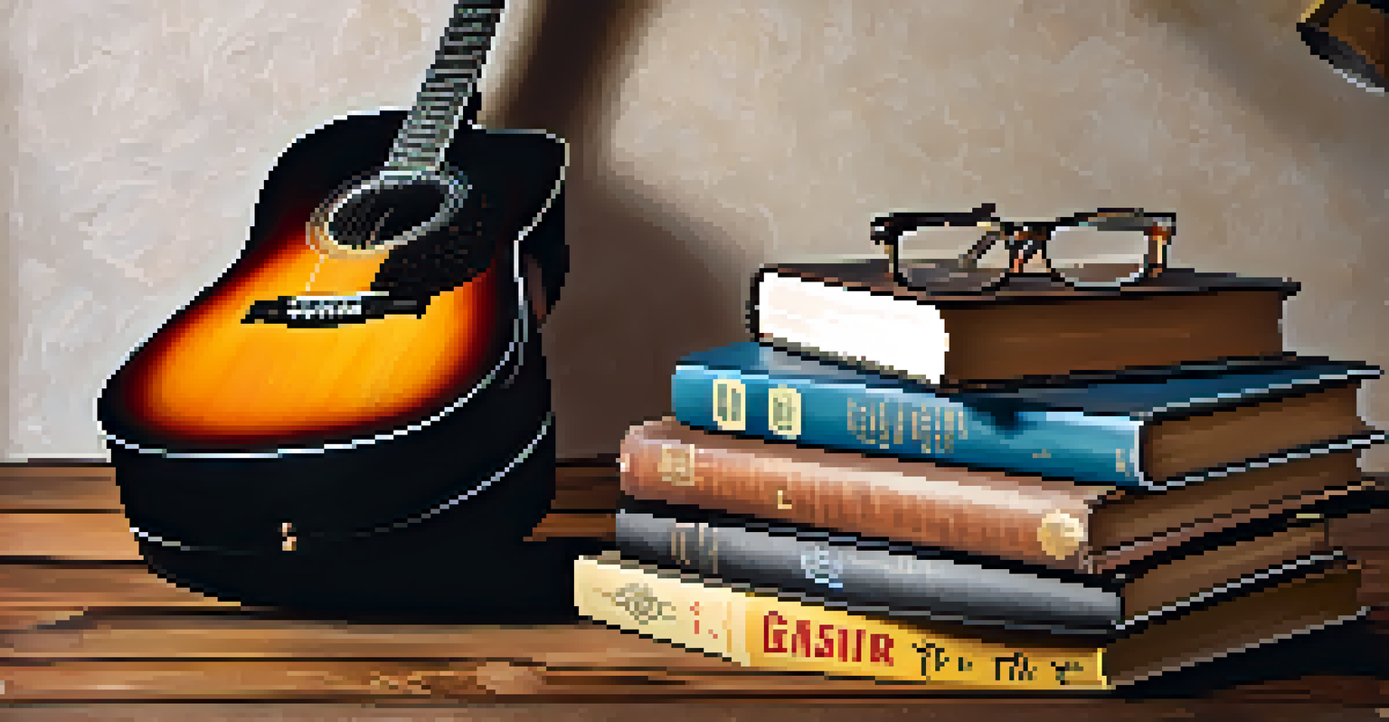 A flat lay of guitar books on a rustic wooden table with reading glasses and a cup of coffee, creating a cozy learning environment.