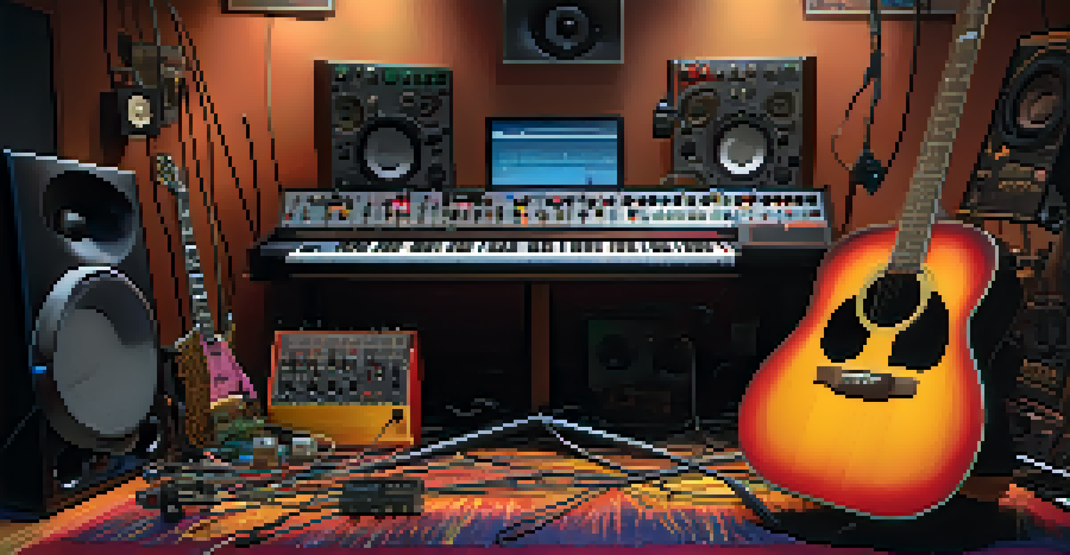 A recording studio setup featuring effects pedals, cables, and an audio interface with a guitar in the foreground.