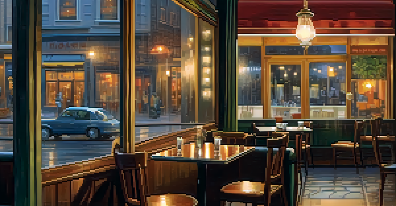 A cozy café scene with a saxophone on a table, warm lighting, a steaming cup of coffee, and a rainy street visible through the window, creating a relaxing atmosphere.