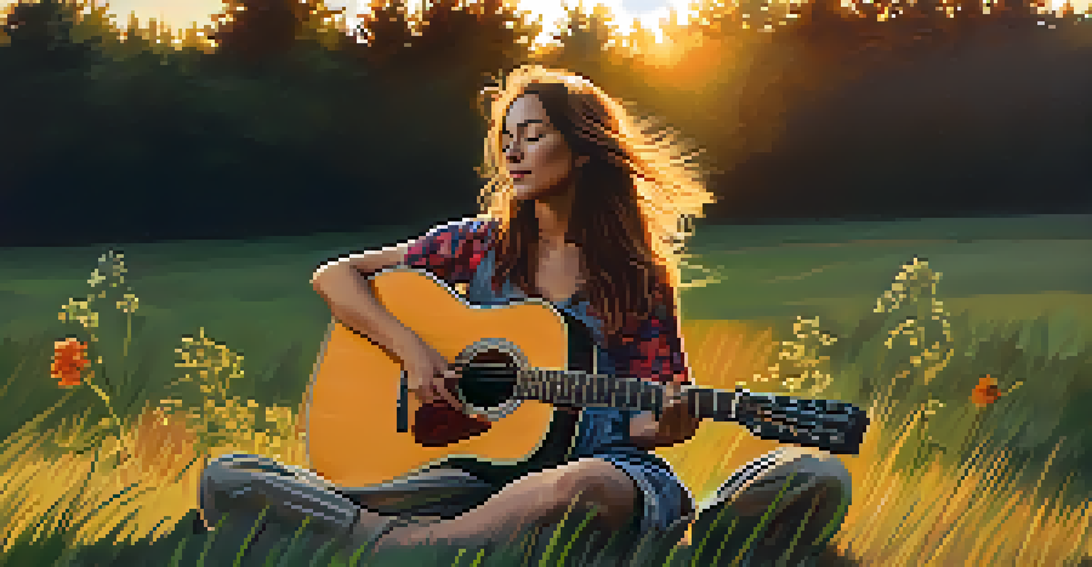 A person sitting cross-legged on grass, strumming a guitar during sunset, surrounded by trees and flowers.