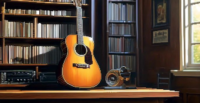 A close-up of an acoustic guitar on a wooden table, with sunlight highlighting its glossy finish and intricate wood grain.