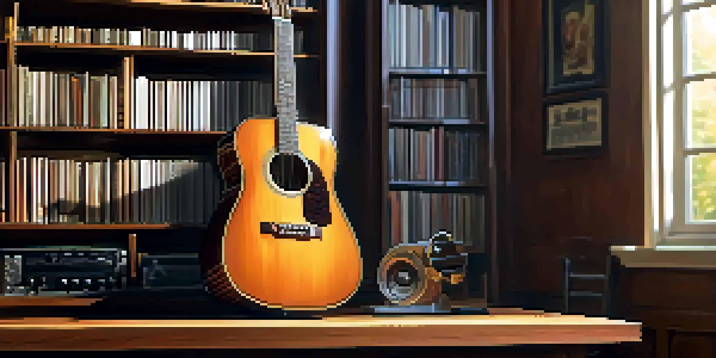 A close-up of an acoustic guitar on a wooden table, with sunlight highlighting its glossy finish and intricate wood grain.