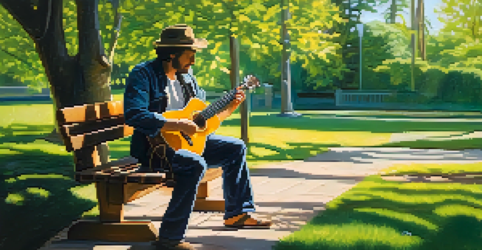 A musician playing slide guitar on a bench in a sunny park, surrounded by green leaves.