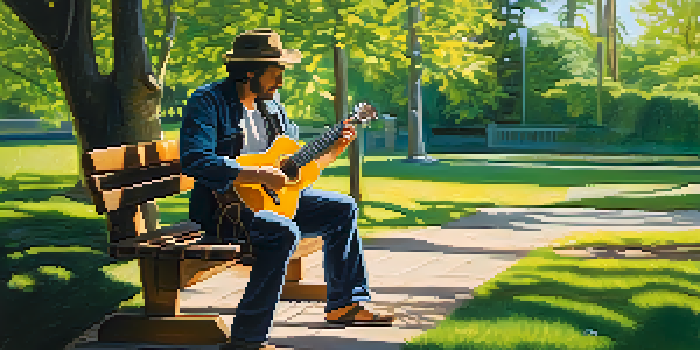 A musician playing slide guitar on a bench in a sunny park, surrounded by green leaves.