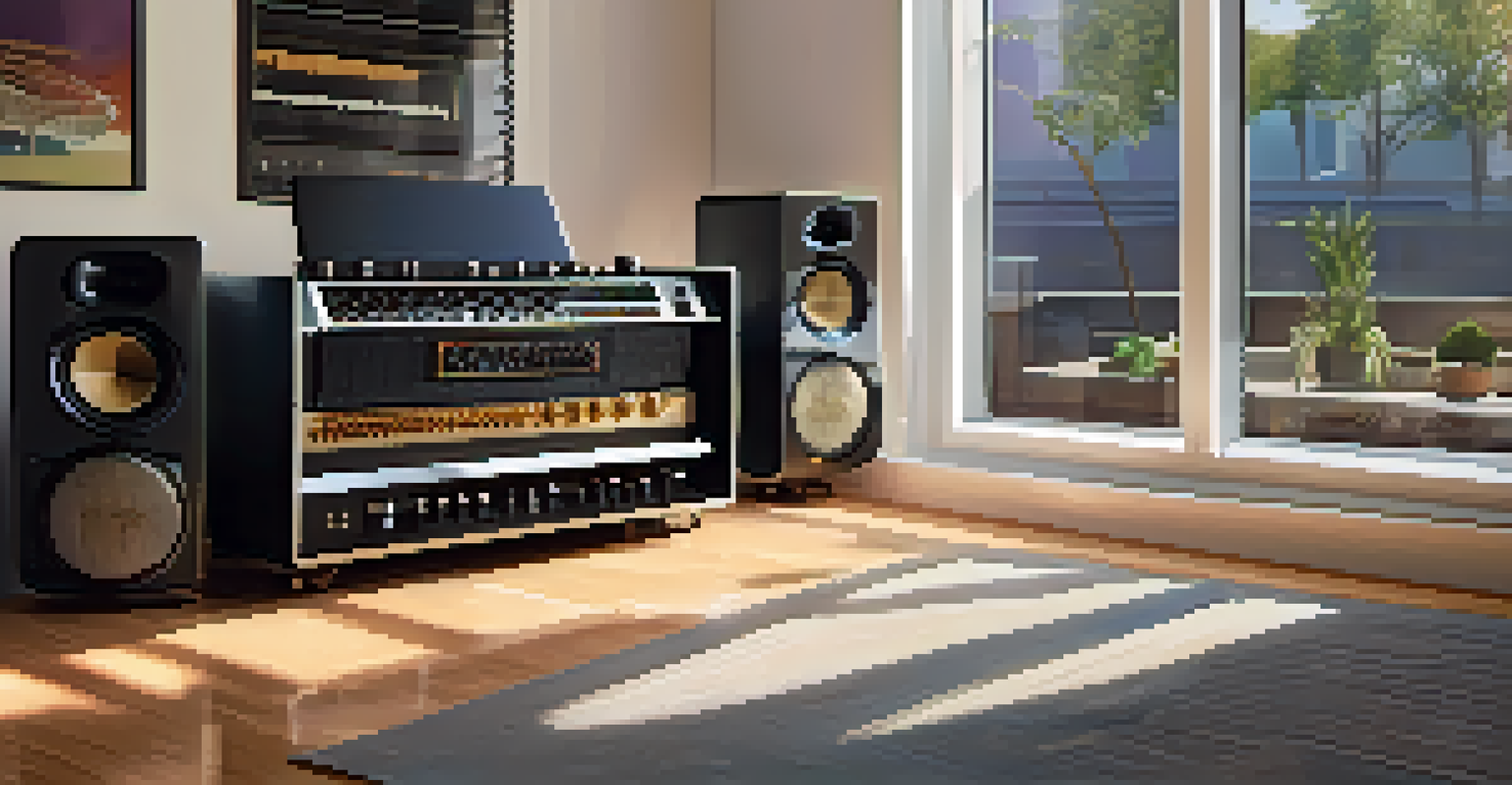 A modern solid-state amplifier in a bright music studio, surrounded by various musical instruments and natural sunlight.